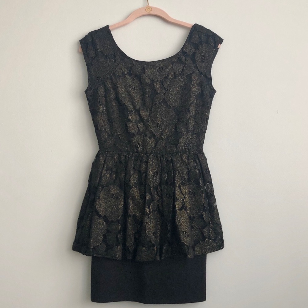 Forever 21 Black & Gold Peplum Dress, Size S